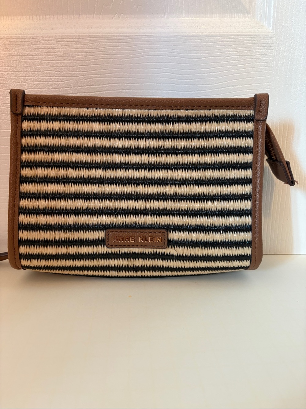NWOT Anne Klein Black and Cream Striped Straw Clutch with Brown Trim